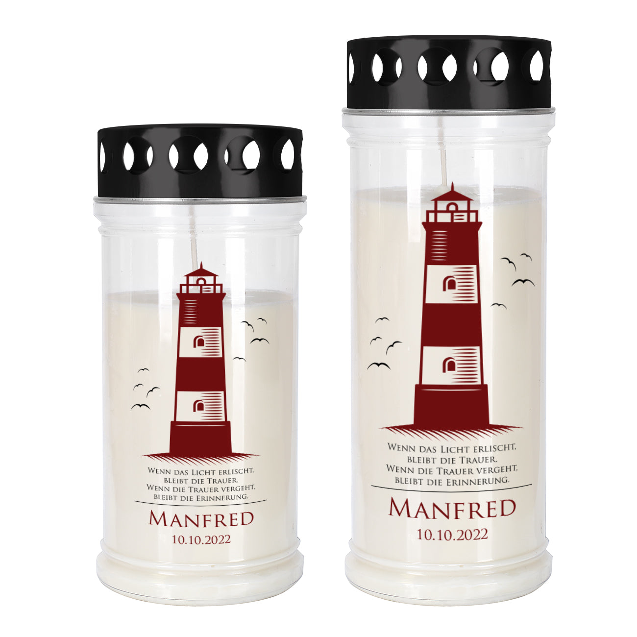 Grablicht in zwei Größen mit Leuchtturm, Name und Datum