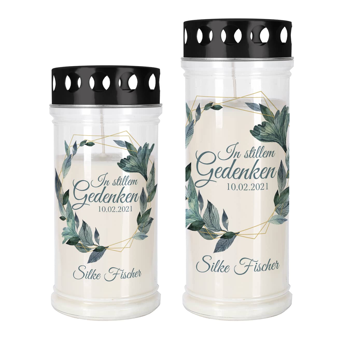 Grablicht mit Name und Datum personalisiert in zwei verschiedenen Größen