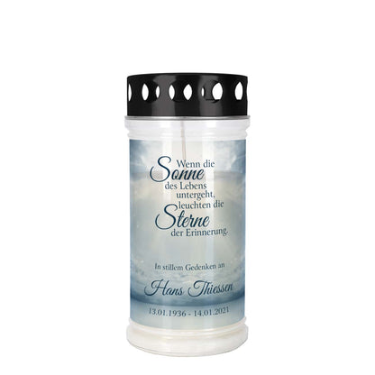 Bedrucktes Grablicht mit Druck von Himmel, Spruch und personalisiert mit Name und Datum