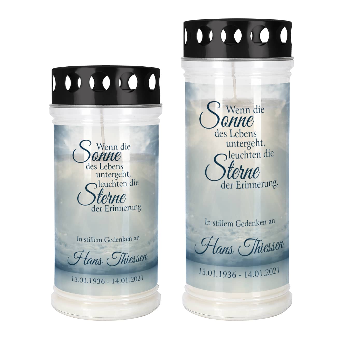 Bedrucktes Grablicht mit Druck von Himmel, Spruch und personalisiert mit Name und Datum