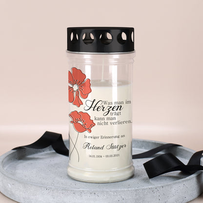 Grablicht in zwei Größen mit Mohnblumen, Name und Datum