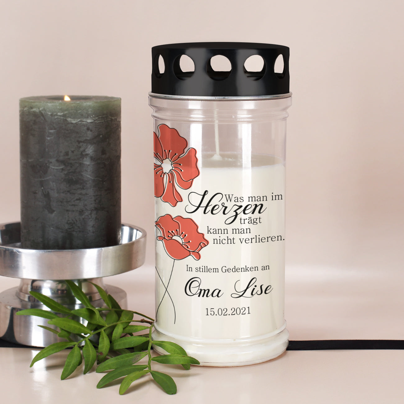 Grablicht in zwei Größen mit Mohnblumen, Name und Datum