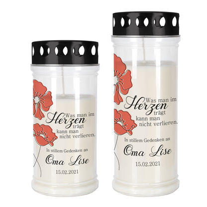 Grablicht in zwei Größen mit Mohnblumen, Name und Datum
