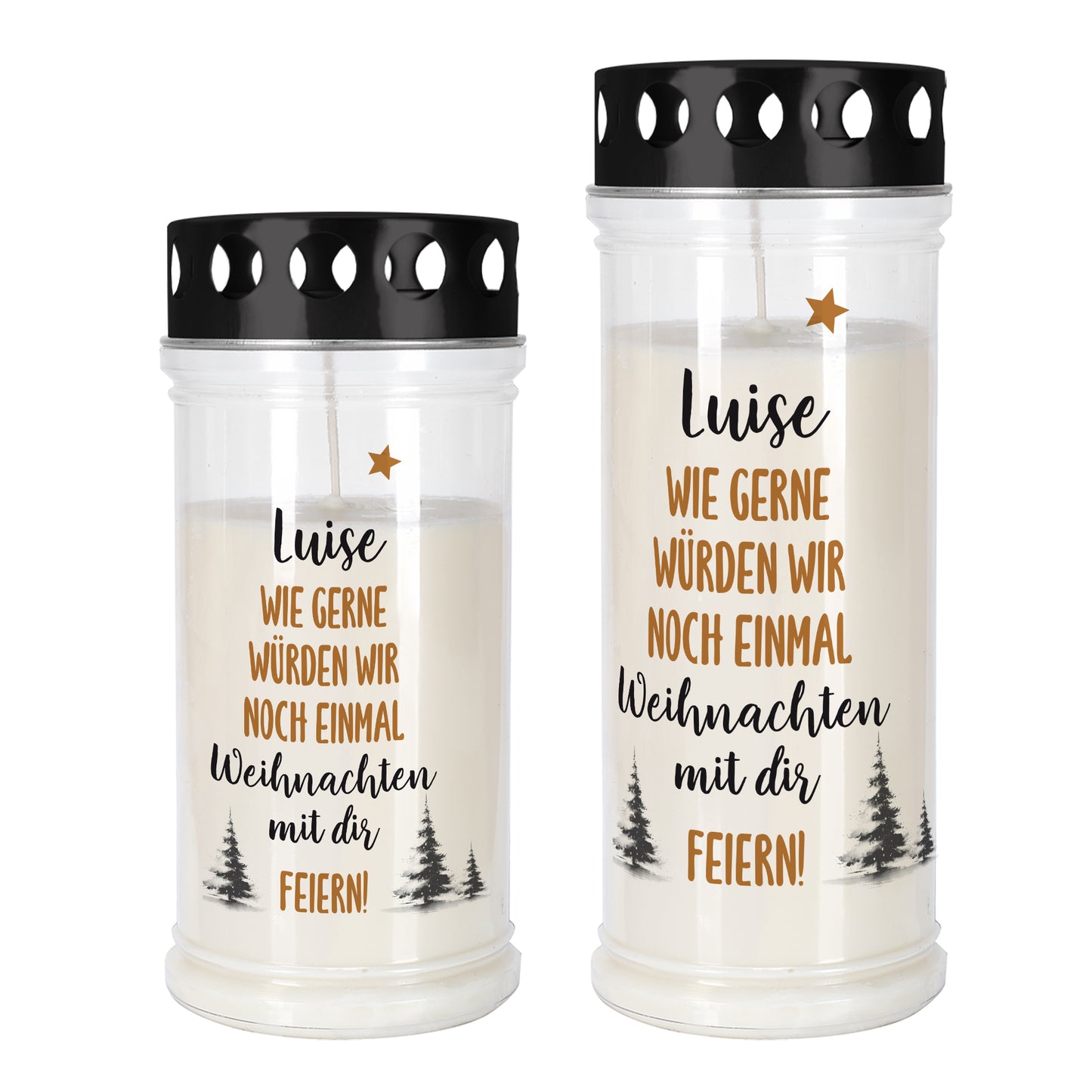 Zwei personalisierte Weihnachts-Grablichter in klein und groß mit dem Namen „Luise“ und emotionalem Weihnachtsspruch