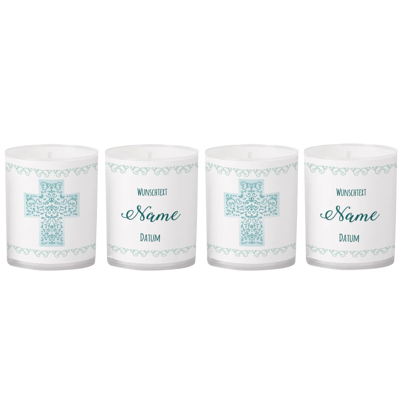 Kleine Teelichter mit Kreuz und persönlich bedruckter Banderole