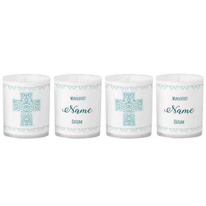 Kleine Teelichter mit Kreuz und persönlich bedruckter Banderole