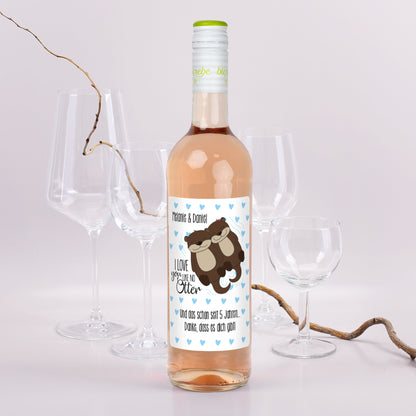 Personalisierte Weinflasche mit Otter-Motiv, Roséwein, Text „I love you like no Otter“, romantisches Geschenk