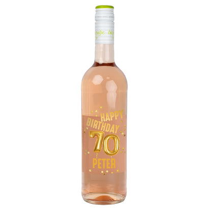Personalisierte Roséweinflasche mit goldenem Aufdruck „Happy Birthday 70 Peter“ und Ballonzahl-Design, Biorebe Sangiovese Rosé