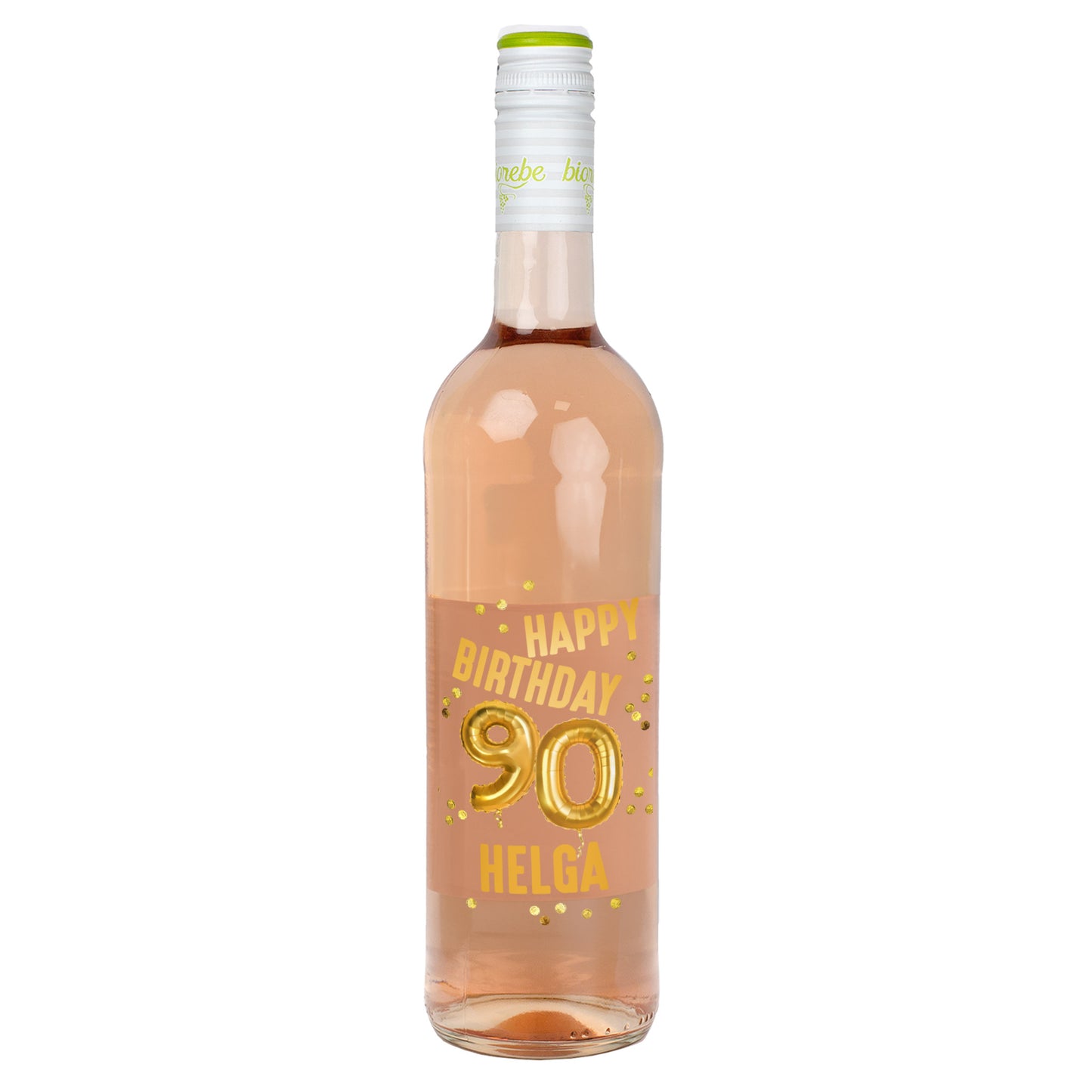 Roséweinflasche mit goldenem „Happy Birthday 90 Helga“-Aufdruck und Ballon-Design, freigestellt