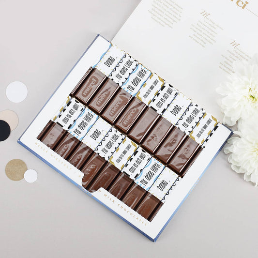 Jede Merci Schokolade mit eigenem Aufkleber