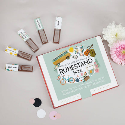 DIY Aufkleberset zum Ruhestand für Merci Schokolade mit Name und Wunschtexten