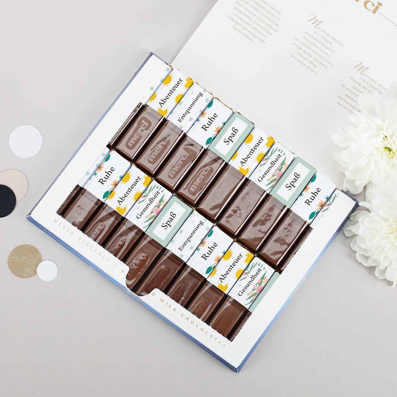 Aufkleber zum Ruhestand mit eigenen Texten für Merci Schokoladen