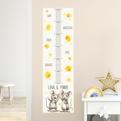 Wandtattoo Messlatte Mäuse-Zwillinge mit Namensaufdruck für Geschwister