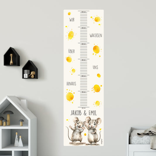 Wandtattoo Messlatte Mäuse-Zwillinge mit Namensaufdruck für Geschwister