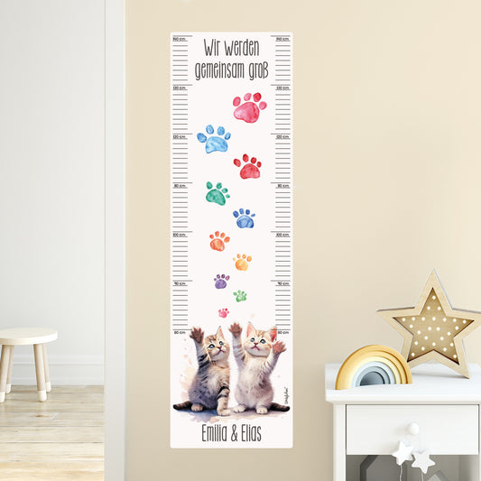 Wandtattoo Messlatte Katzen-Zwillinge mit Namensaufdruck für Geschwister