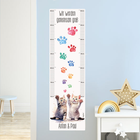 Wandtattoo Messlatte Katzen-Zwillinge mit Namensaufdruck für Geschwister
