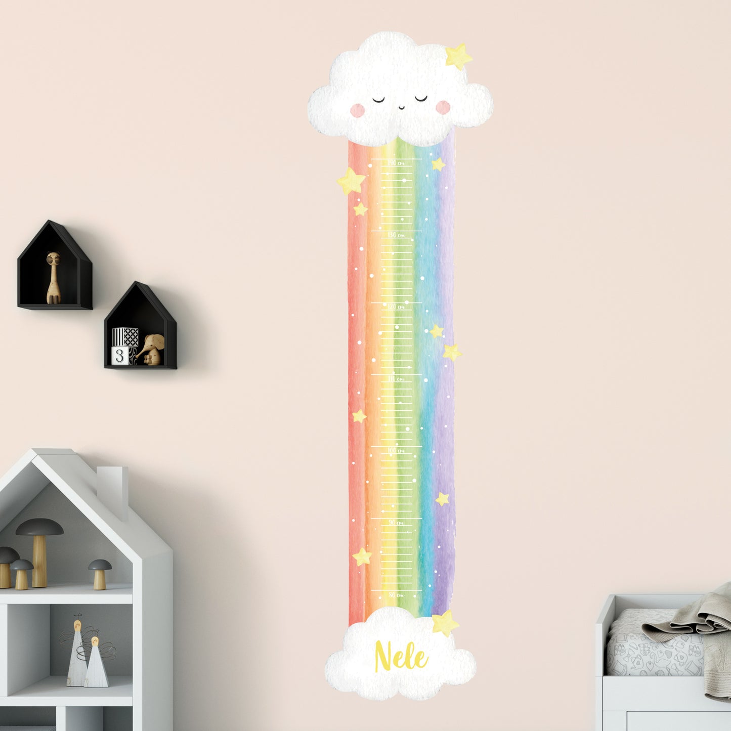 Wandtattoo Messlatte Regenbogen mit Namensaufdruck für Kinderzimmer