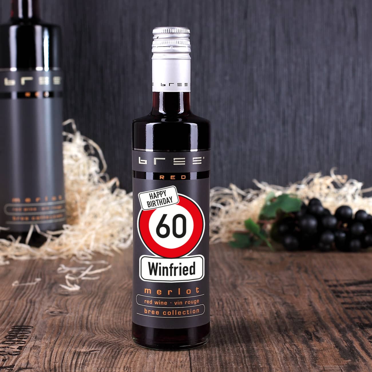 Kleiner BREE Wein zum Geburtstag mit Verkehrszeichen, Name und Alter