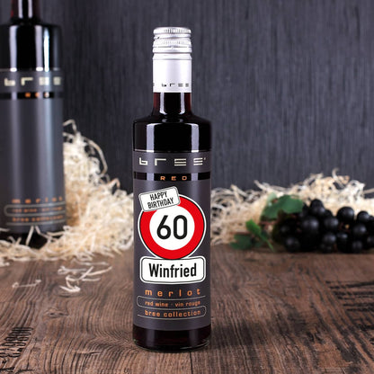 Kleiner BREE Wein zum Geburtstag mit Verkehrszeichen, Name und Alter