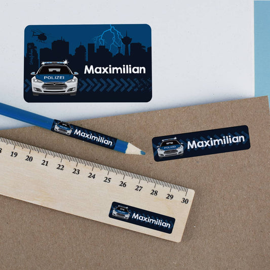 Aufkleber mit Streifenwagen und Name