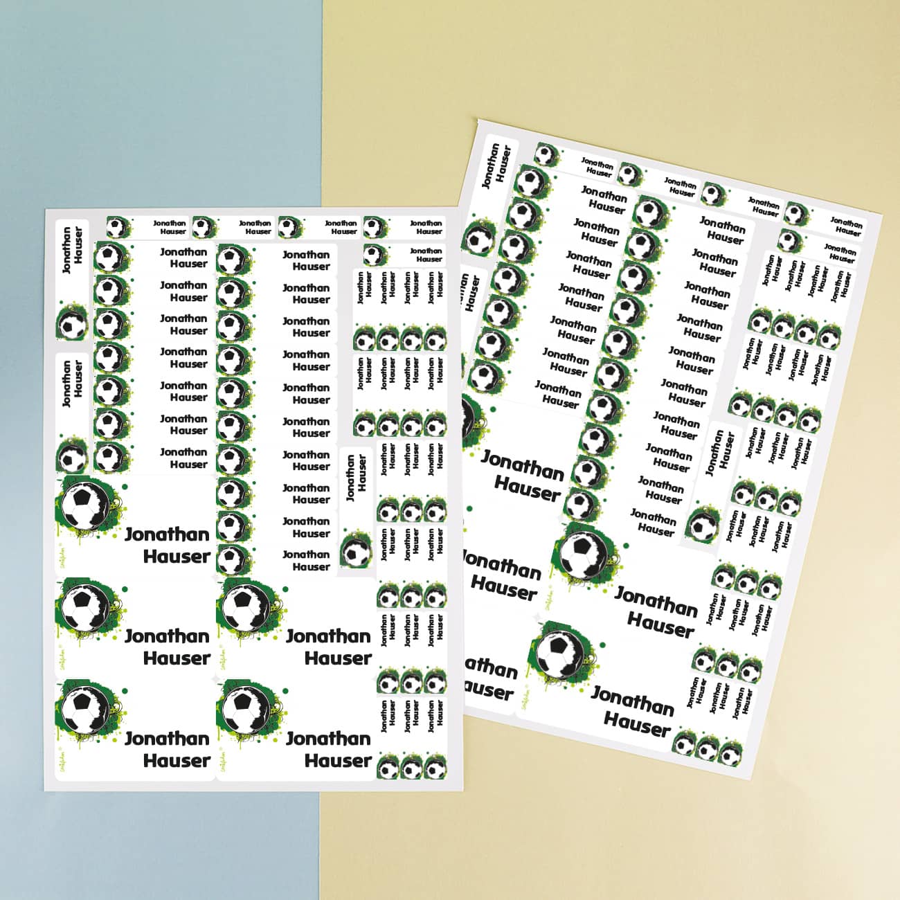 3 verschiedene Größen mit Name und Fußball bedruckt