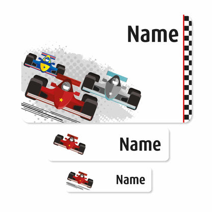 Aufkleber-Set mit Rennwagen und Wunschnamen