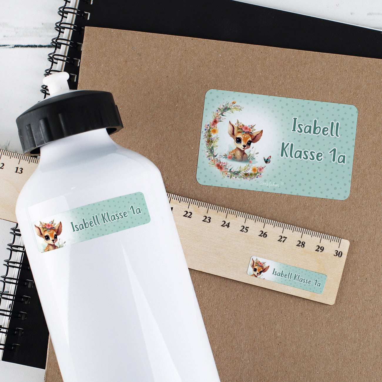Rehkitz - Schulaufkleber mit Blumen und Name (100 Stück)