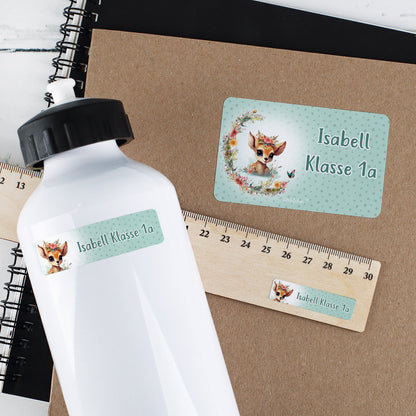 Rehkitz - Schulaufkleber mit Blumen und Name (100 Stück)