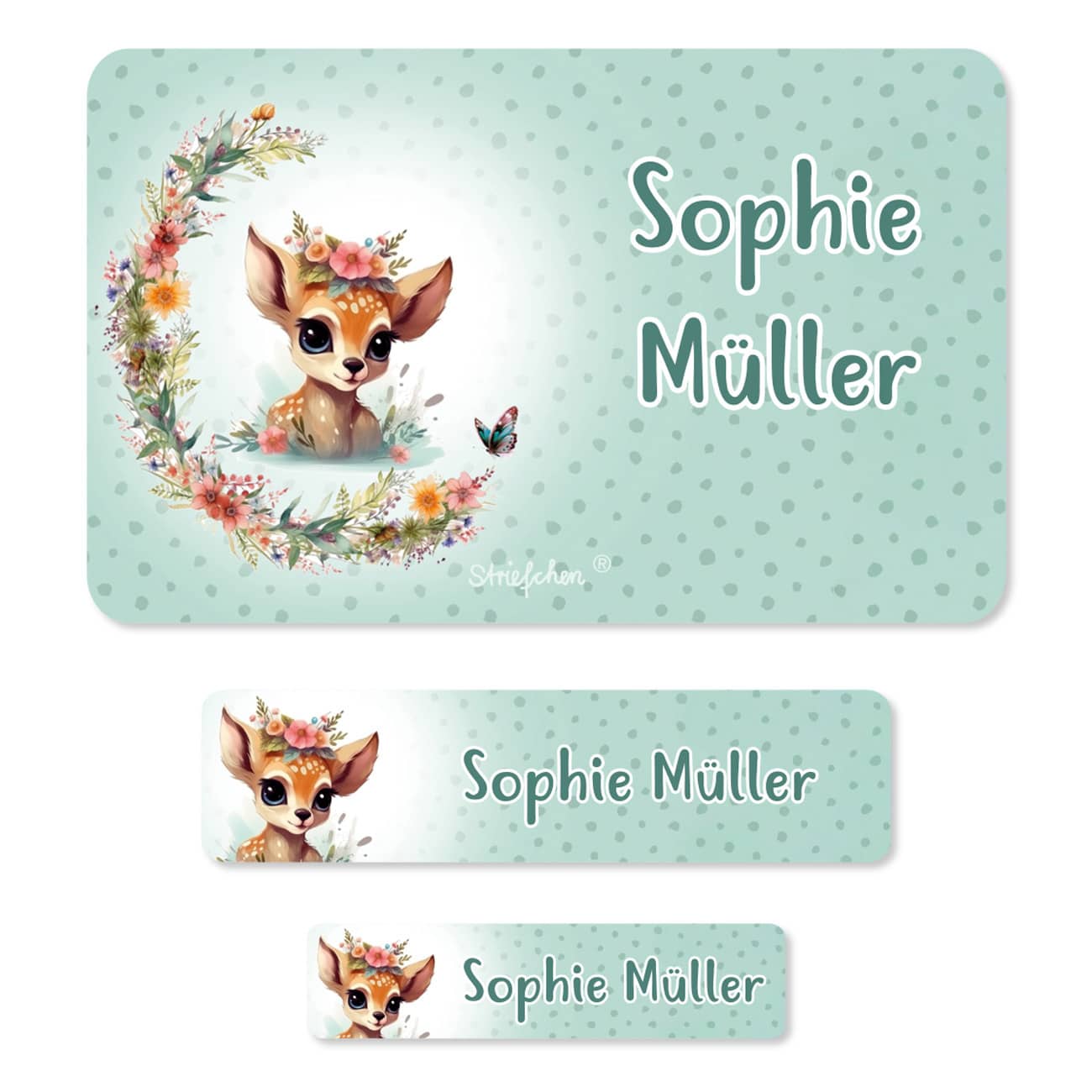Rehkitz - Klebeetiketten mit Blumen und Name (100 Stück)