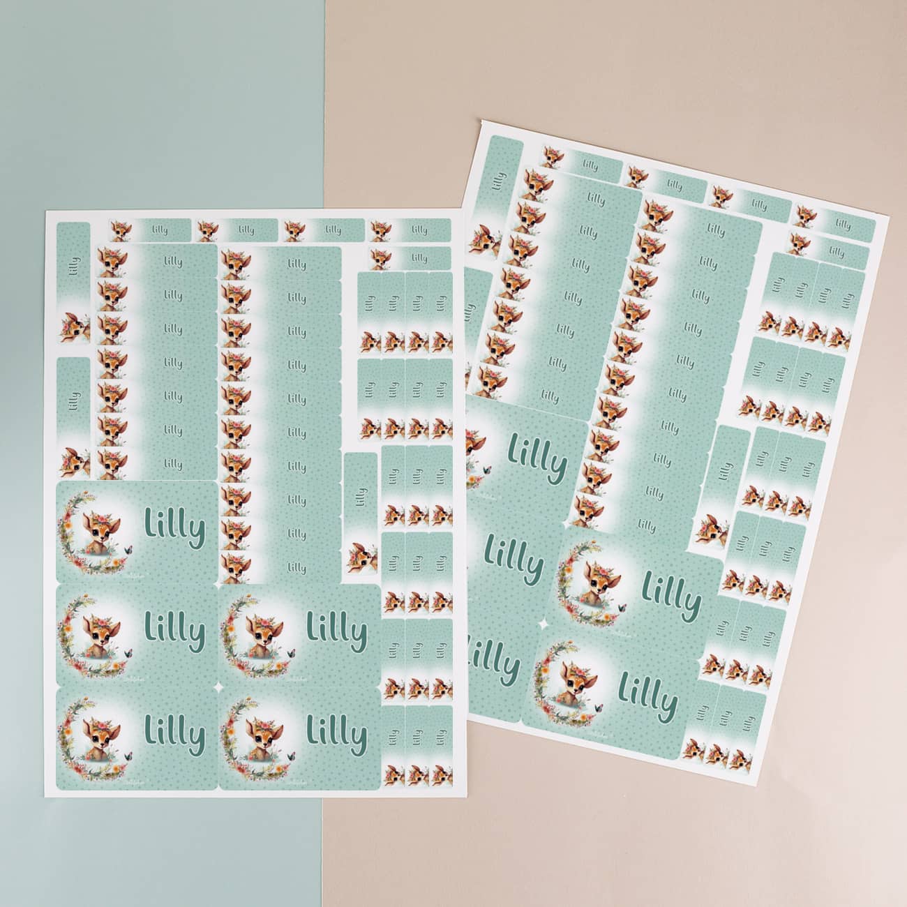 Rehkitz - Etiketten mit Blumen und Name (100 Stück)