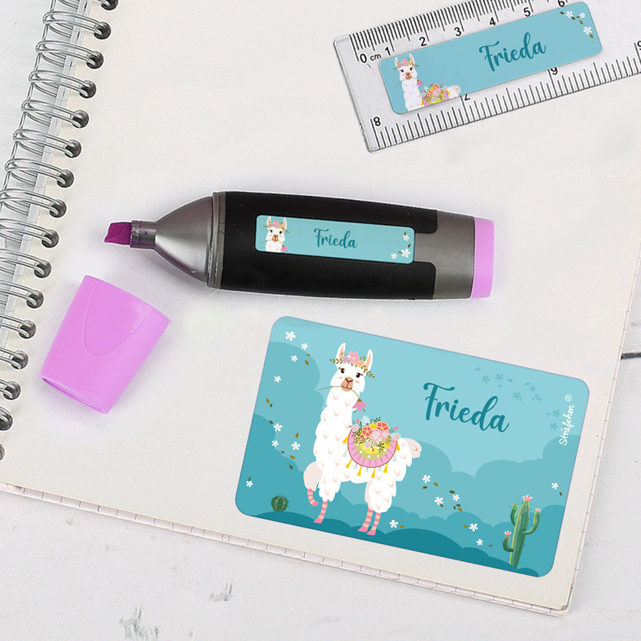 Schulaufkleber mit Lama und Name (100 Stück)
