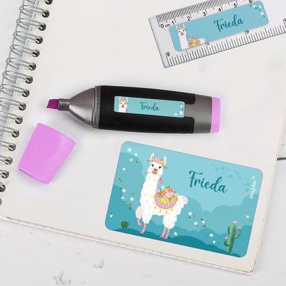 Schulaufkleber mit Lama und Name (100 Stück)