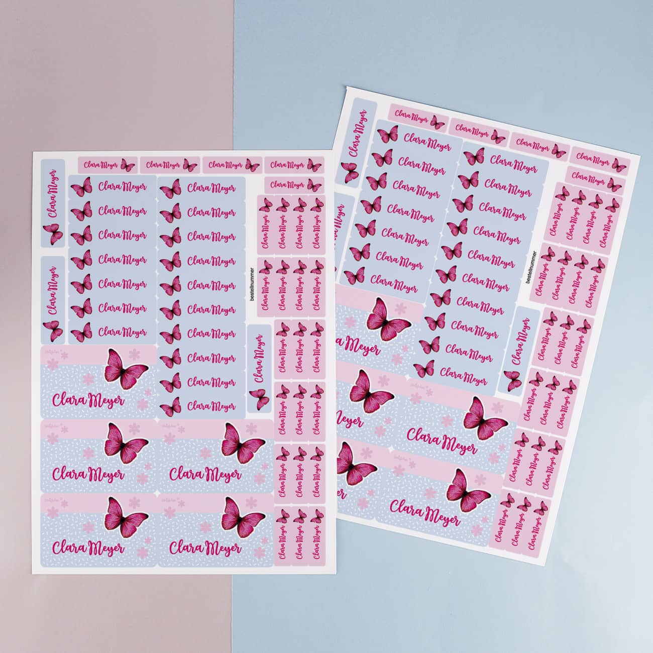 Schulaufkleber mit Schmetterling und Name (100 Stück)