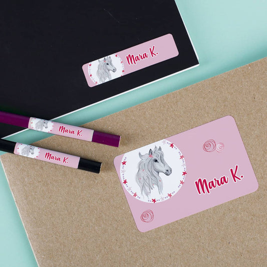 Schulaufkleber mit Pferd und Name 