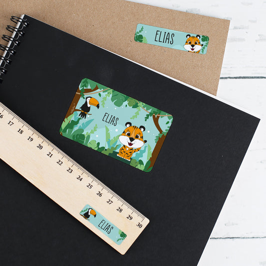 Schulaufkleber im Dschungel-Design mit Tiger & Tukan und Wunschname