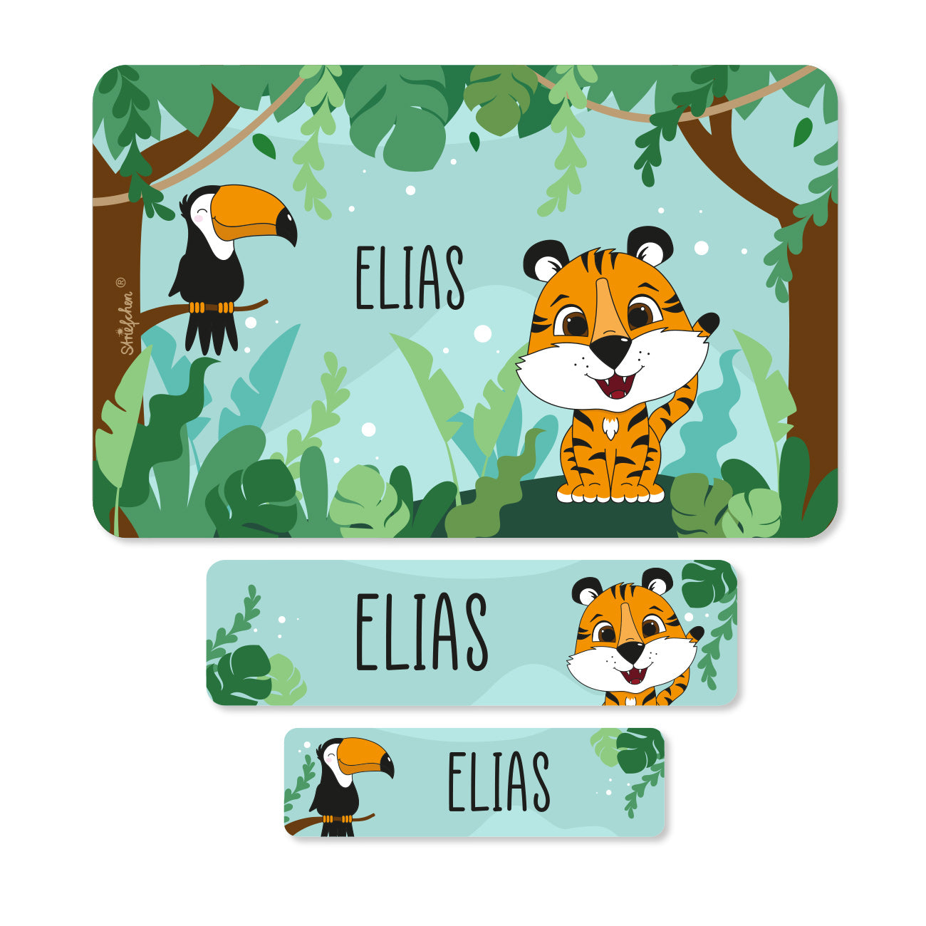 Schulaufkleber im Dschungel-Design mit Tiger & Tukan und Wunschname