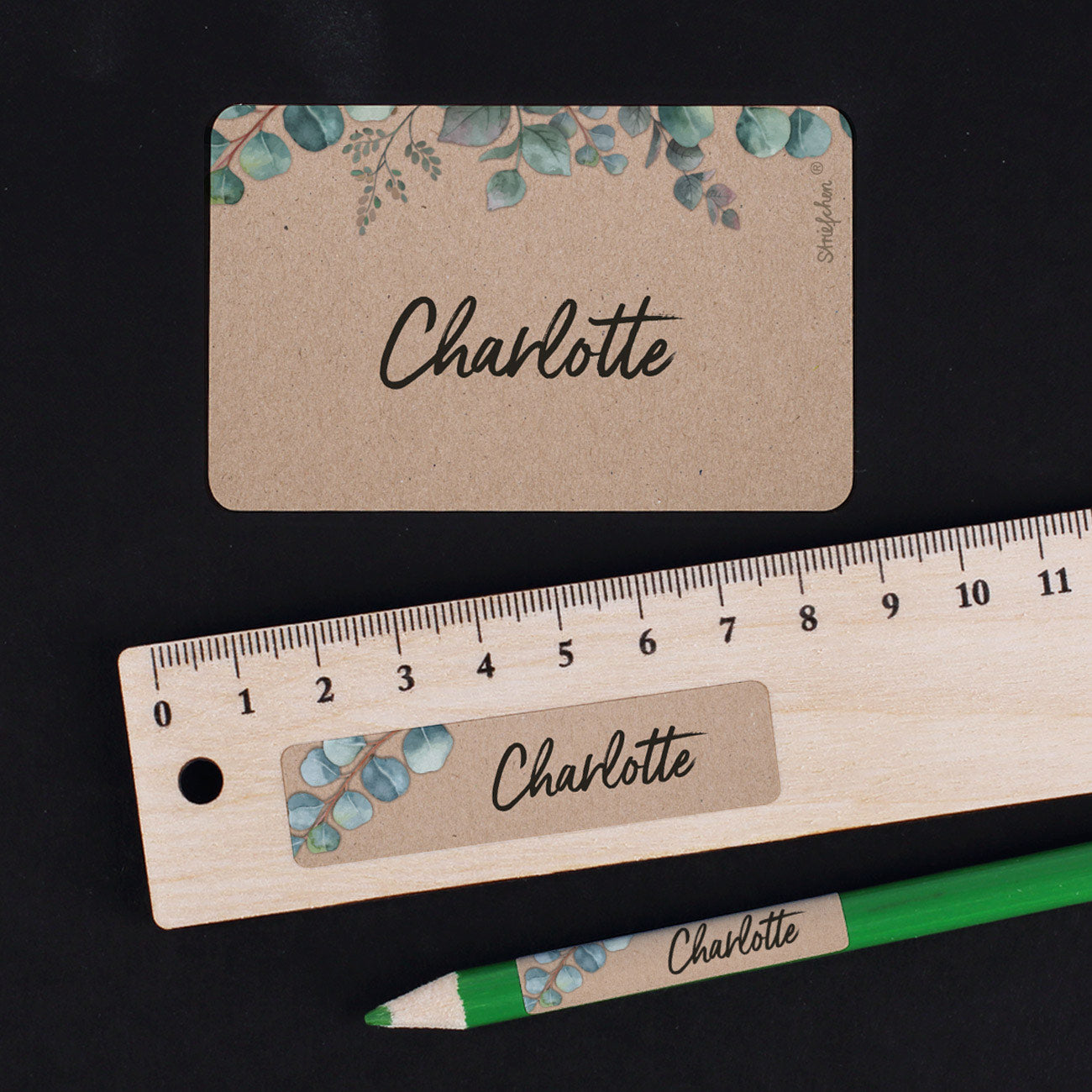 Aufkleber-Set mit Eukalyptusmotiv und Name  (100 Stück)