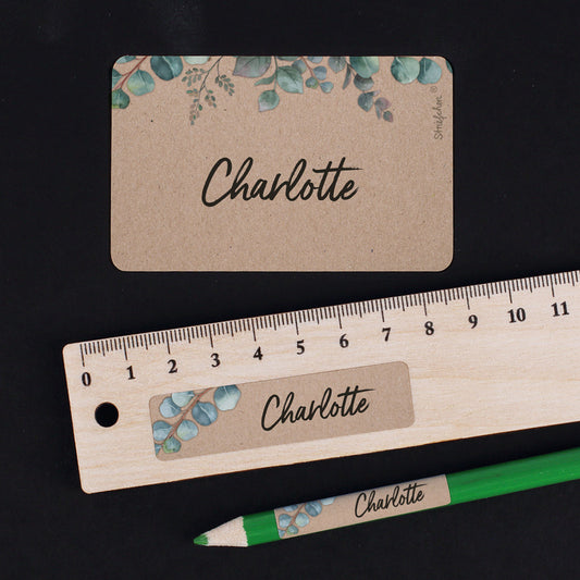 Aufkleber-Set mit Eukalyptusmotiv und Name  (100 Stück)