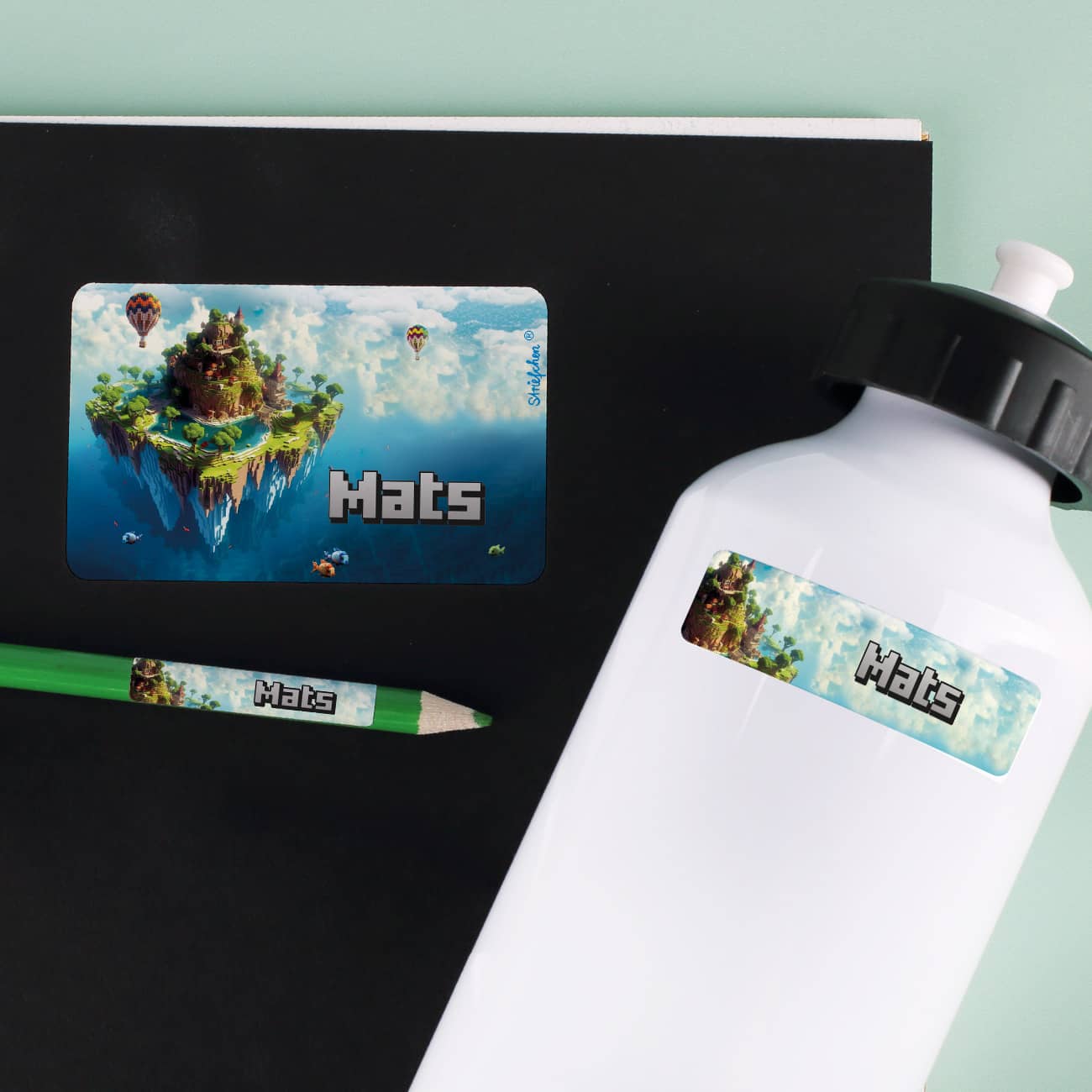 Schulaufkleber Pixel-Art mit Insel und Name (100 Stück)