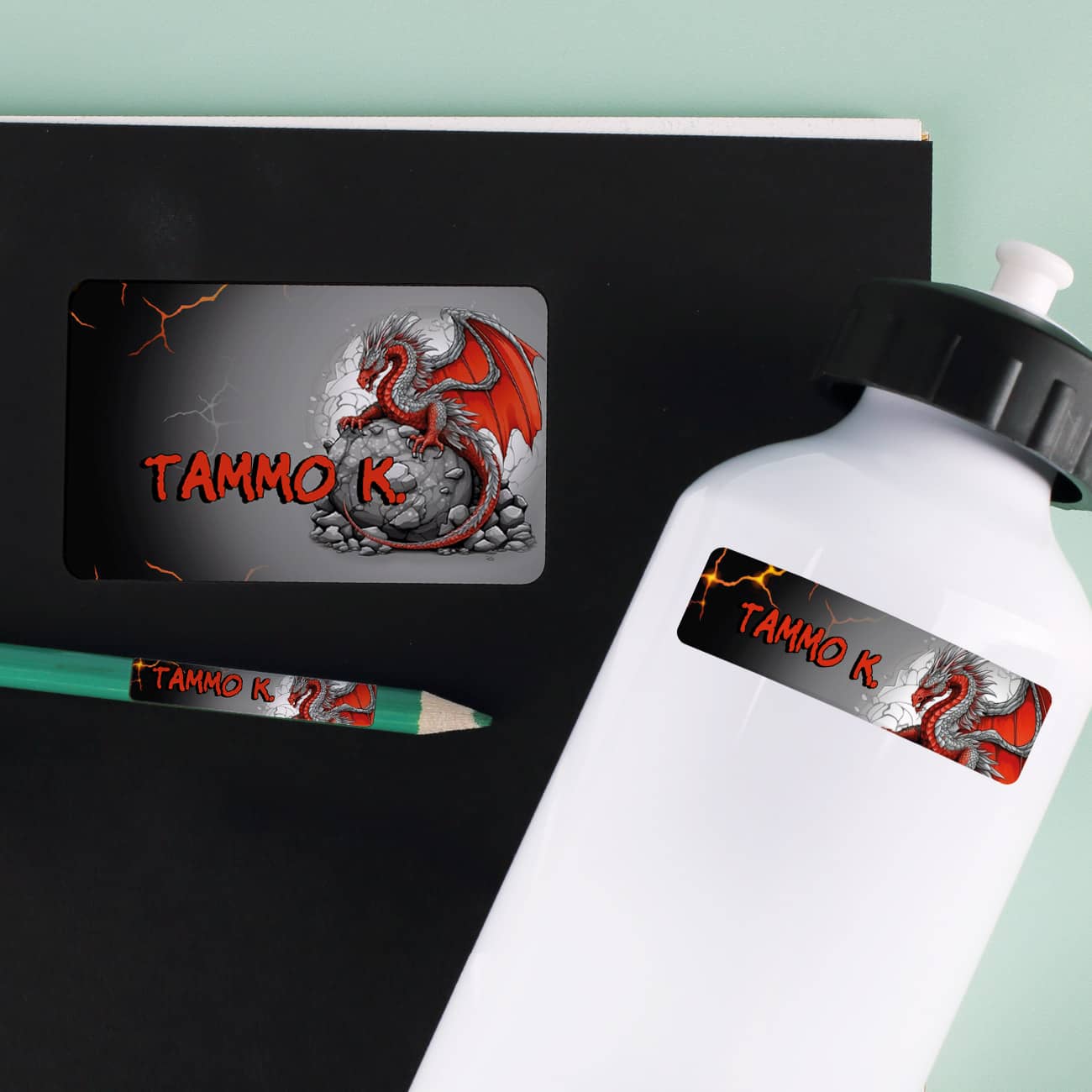 100-teiliges Aufkleber-Set mit rotem Drache und Name