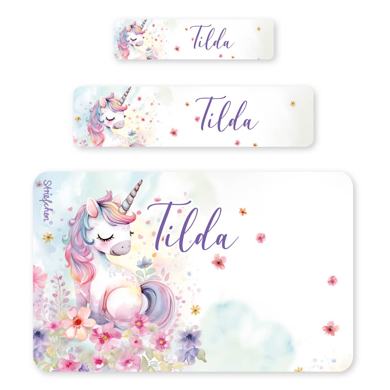 Namensaufkleber mit niedlichem Einhorn, Blumen und Name, 100 Stück