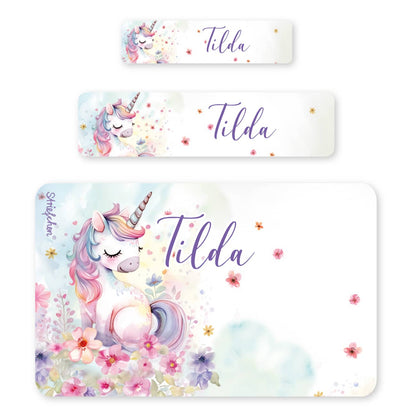 Namensaufkleber mit niedlichem Einhorn, Blumen und Name, 100 Stück