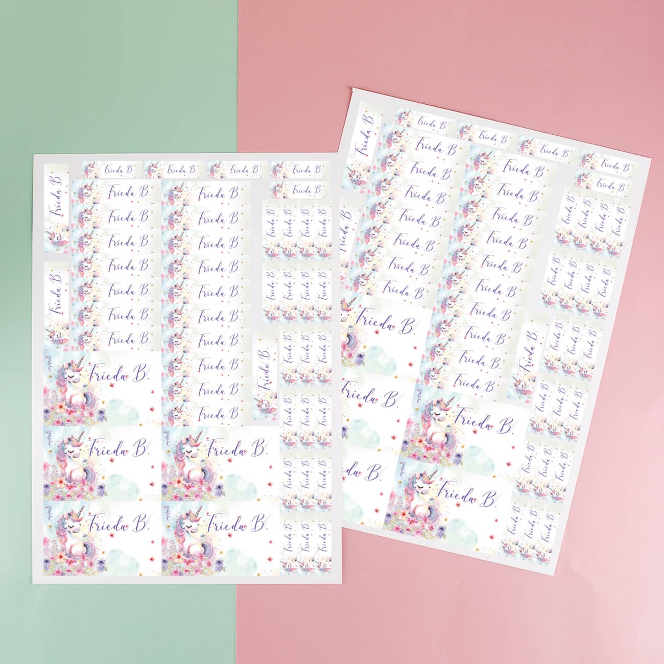 Namensaufkleber mit Einhorn, Blumen und Name