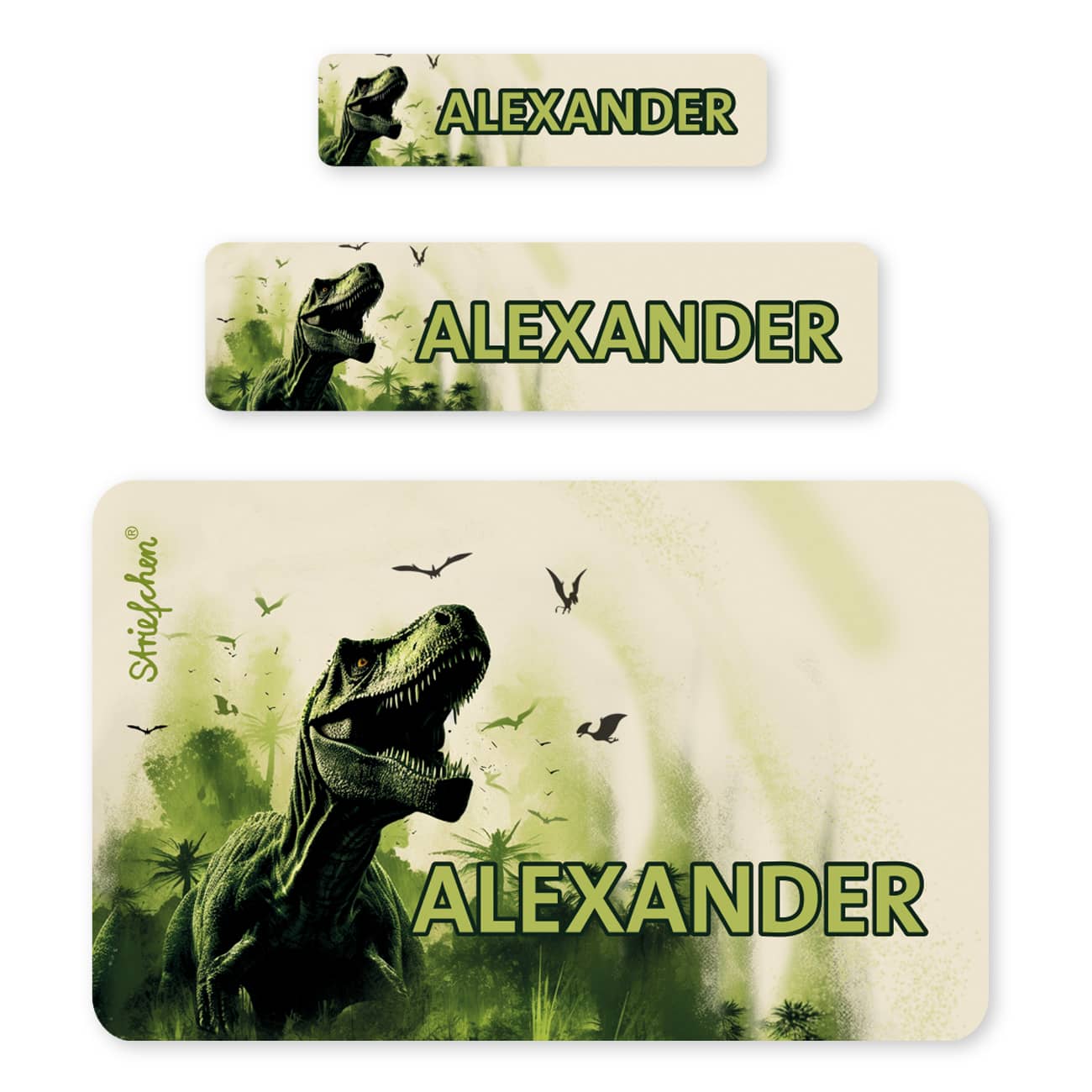 Schulaufkleber mit Name und Dinosauriermotiv (T-Rex)