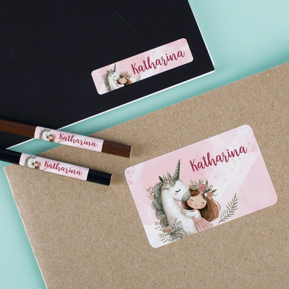 100-teiliges Schulaufkleber Set mit Einhornmotiv und Wunschname
