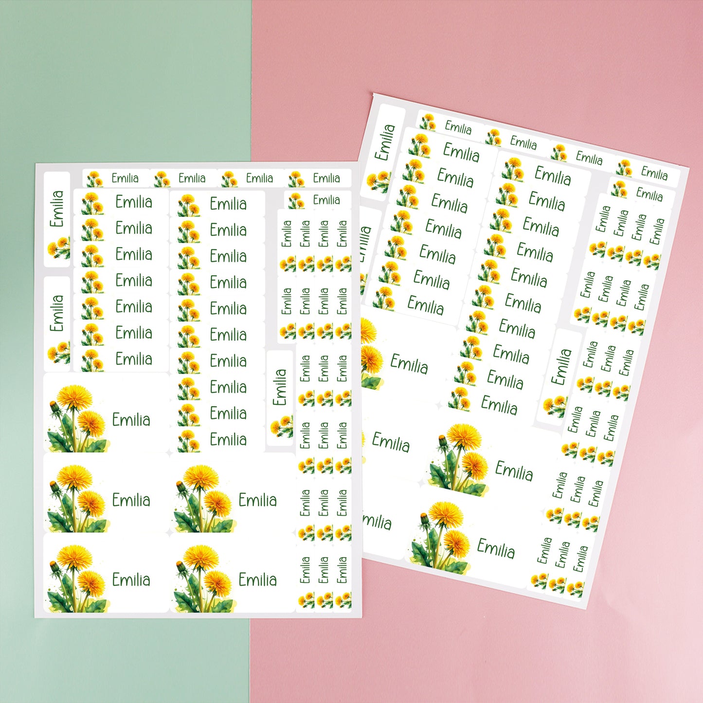 Personalisiertes Schulaufkleber-Set mit Name Matteo auf Heft, Lineal und Buntstiften, Löwenzahnmotiv