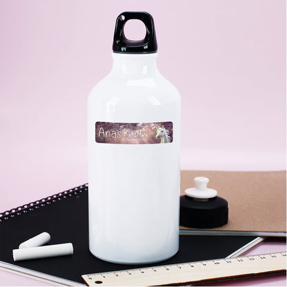 Weiße Trinkflasche mit personalisiertem Einhorn Aufkleber und Name Anastasia für Schule, Kita und Freizeit