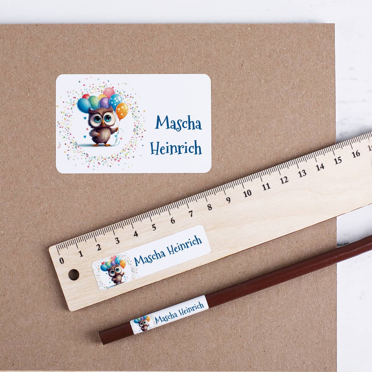 Sticker mit Name und bunter Eule (100 Stück)