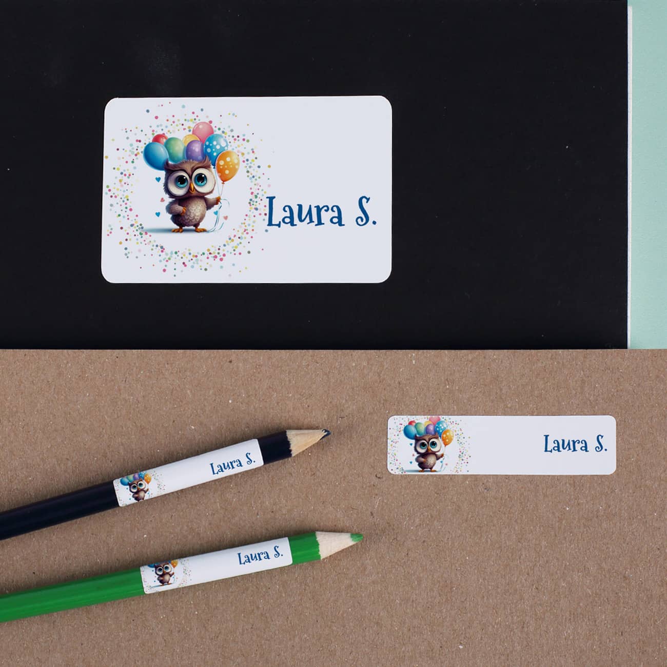 Schulaufkleber mit Name und bunter Eule (100 Stück)