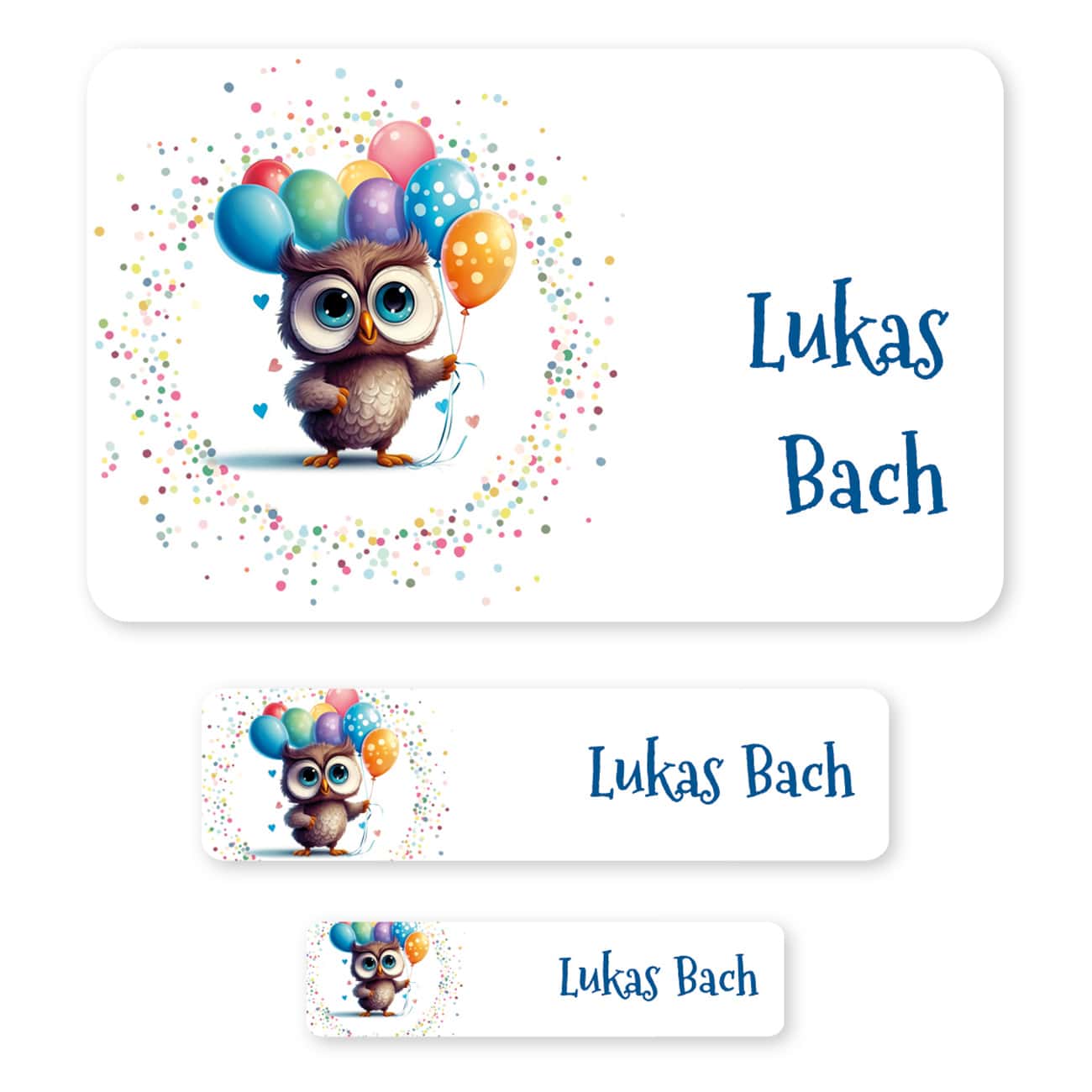 Schulaufkleber mit Name, bunter Eule und Punkten (100 Stück)